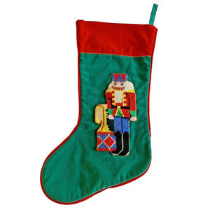 Vintage Christmas Stocking Velvet Nutcracker Green Needlepoint Stitched Applique